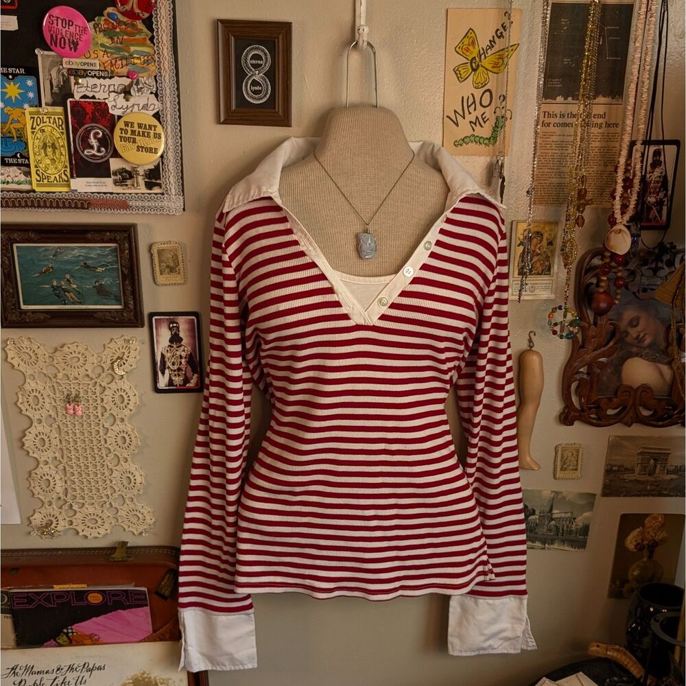 Vintage Striped Collared Henley Sweater Women's Large/XL Red White